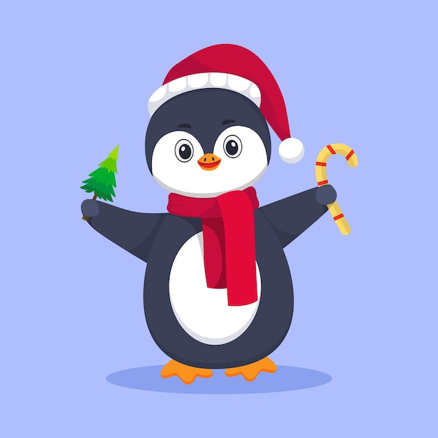Lindo, pingüino, con, caramelo, y, pino, árbol, caricatura, ilustración