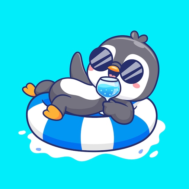 Lindo pingüino chill en neumáticos de natación con jugo Icono vectorial de dibujos animados Ilustración Animal Holiday Flat
