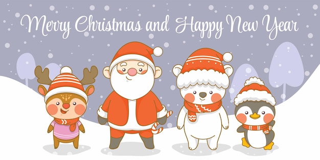 lindo pingüino ciervo de santa y oso polar con pancarta de felicitación de navidad y año nuevo