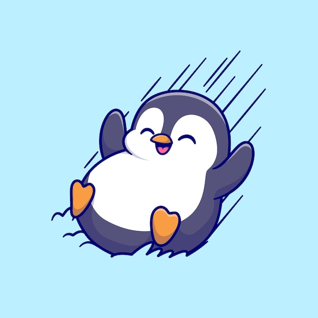 Lindo pingüino deslizándose en la ilustración de icono de vector de dibujos animados de hielo. concepto de icono de naturaleza animal aislado premium vector. estilo de dibujos animados plana