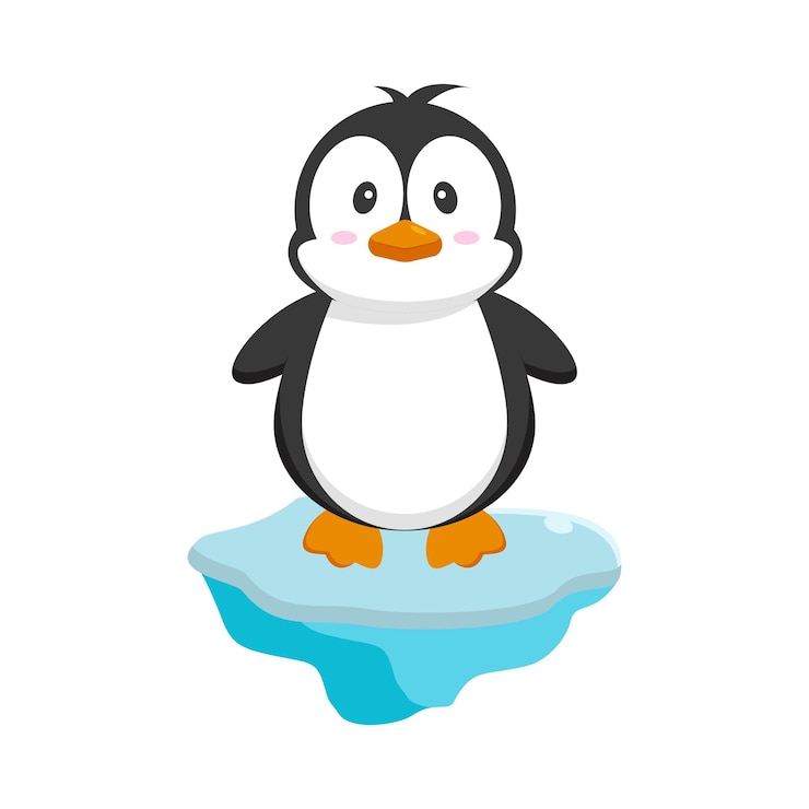 Vector lindo pingüino de dibujos animados en un cubo de hielo aislado sobre un fondo blanco