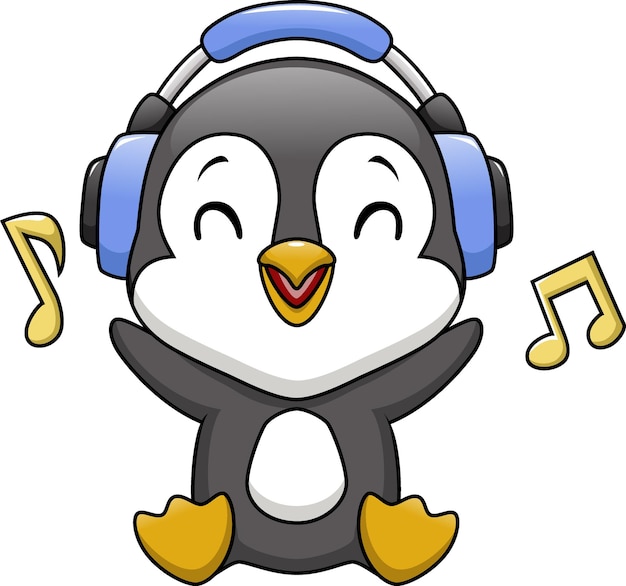 Lindo pingüino de dibujos animados escuchando música con auriculares