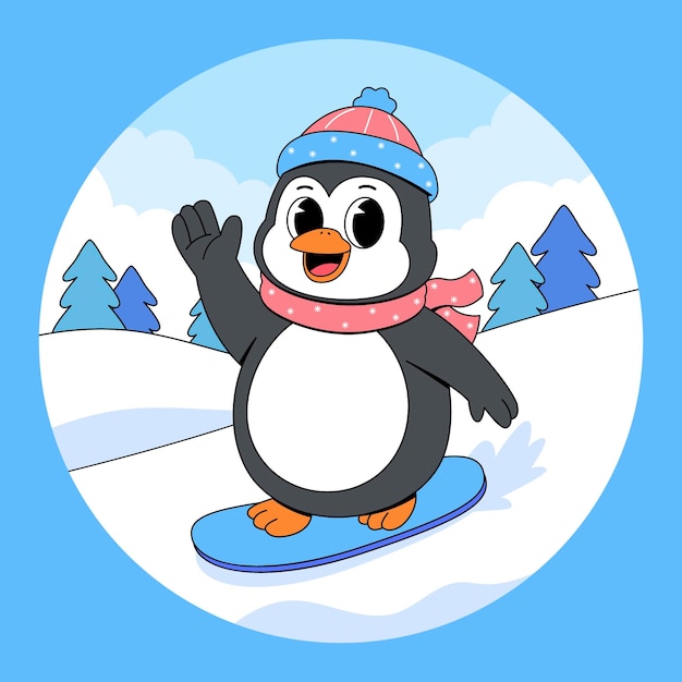 El lindo pingüino de dibujos animados haciendo snowboard en un paisaje invernal