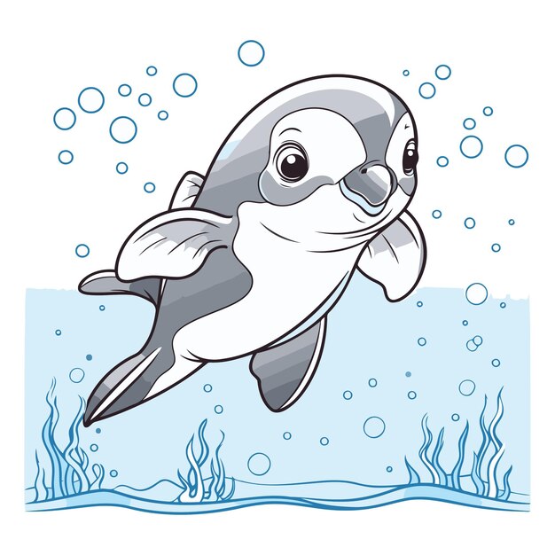 Lindo pingüino de dibujos animados nadando en el agua