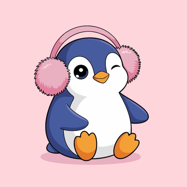 El lindo pingüino de dibujos animados con orejeras rosadas
