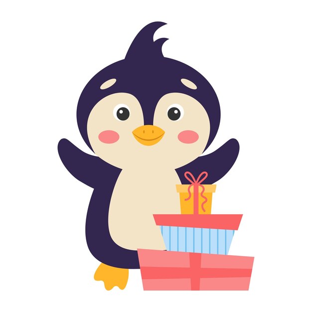 Lindo pingüino de dibujos animados con regalos Ilustración vectorial