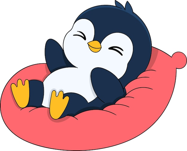 El lindo pingüino de dibujos animados se relaja en la almohada.