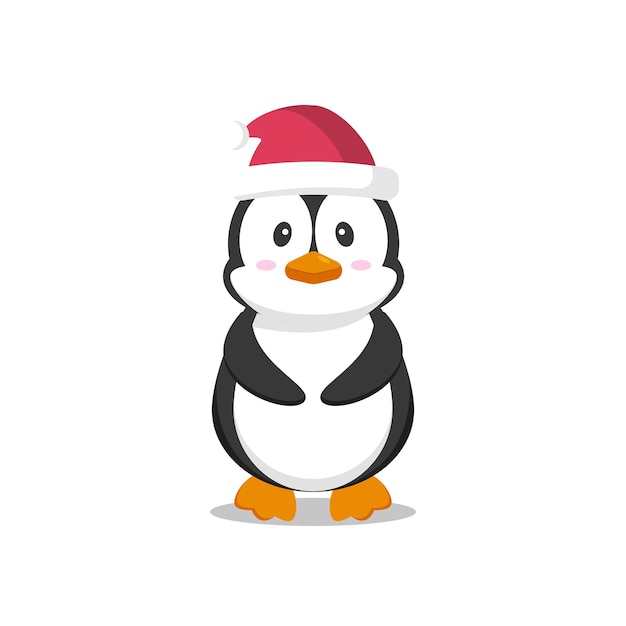 Lindo pingüino de dibujos animados con sombrero de Papá Noel aislado sobre un fondo blanco