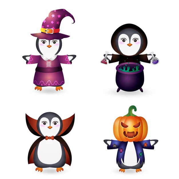 Lindo pingüino con disfraz colección de personajes de halloween