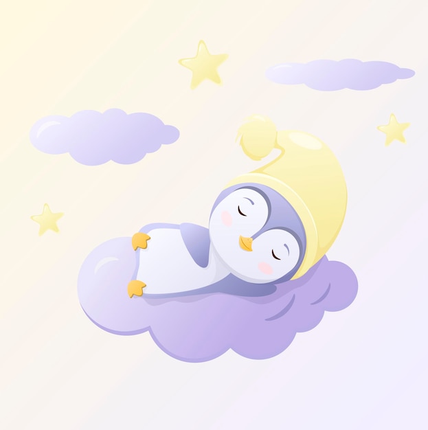 Un lindo pingüino duerme en una nube Diseño de dibujos animados