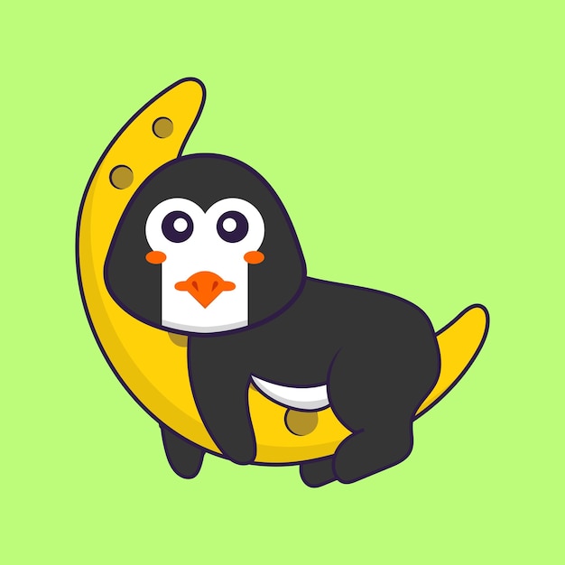 Lindo pingüino está en la luna concepto de dibujos animados de animales aislado C