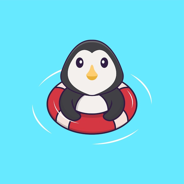 Lindo pingüino está nadando con una boya. Concepto de dibujos animados de animales aislado. Estilo de dibujos animados plana