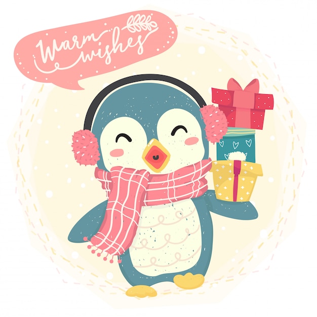 Lindo pingüino feliz azul usar bufanda y traer caja de regalo, traje de invierno, felices deseos cálidos
