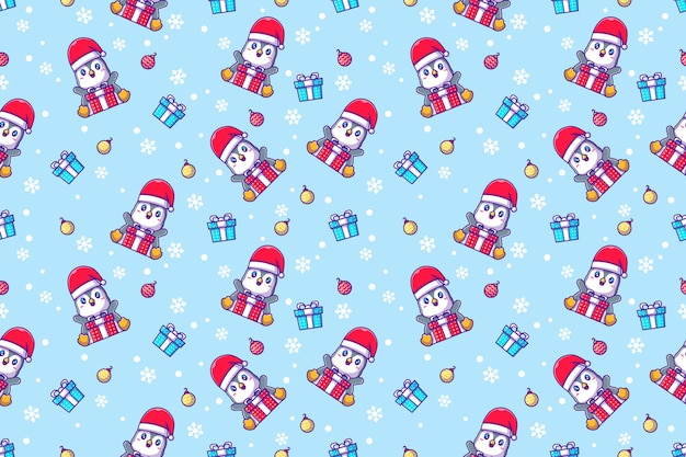 Lindo pingüino feliz y feliz navidad con patrones sin fisuras