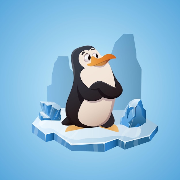 Lindo pingüino en el glaciar Ilustración vectorial al estilo de dibujos animados