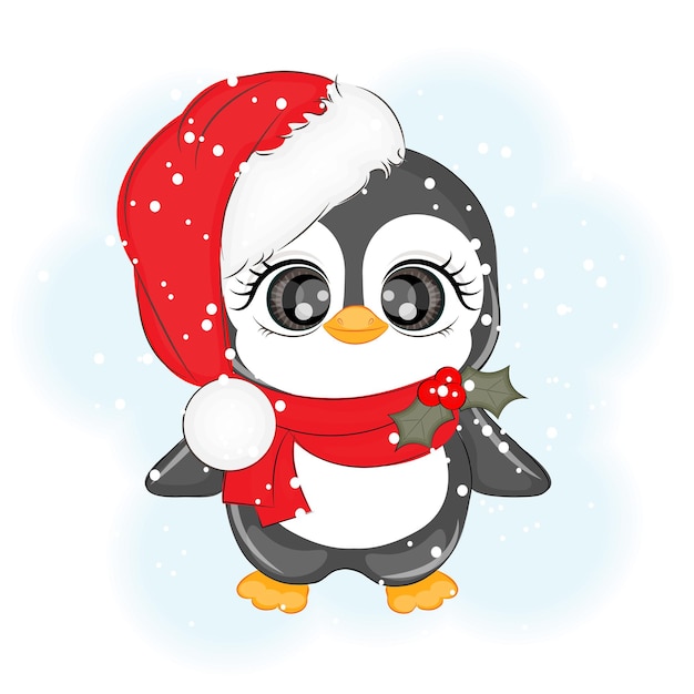 Lindo pingüino en la ilustración de vector de sombrero de Navidad de Santa