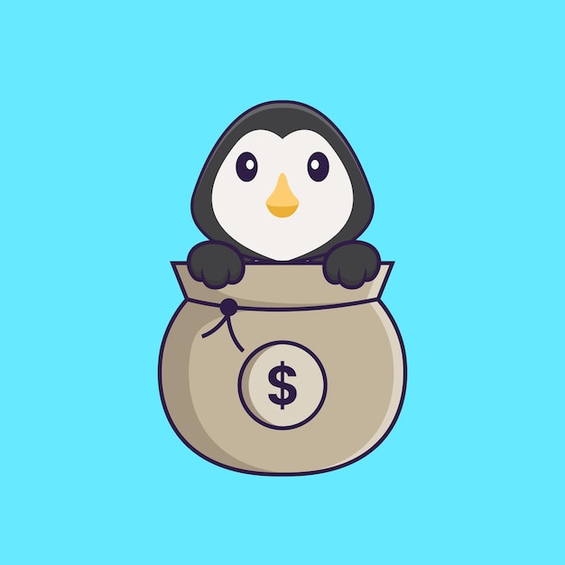 Lindo pingüino jugando en bolsa de dinero. Concepto de dibujos animados de animales aislado. Estilo de dibujos animados plana