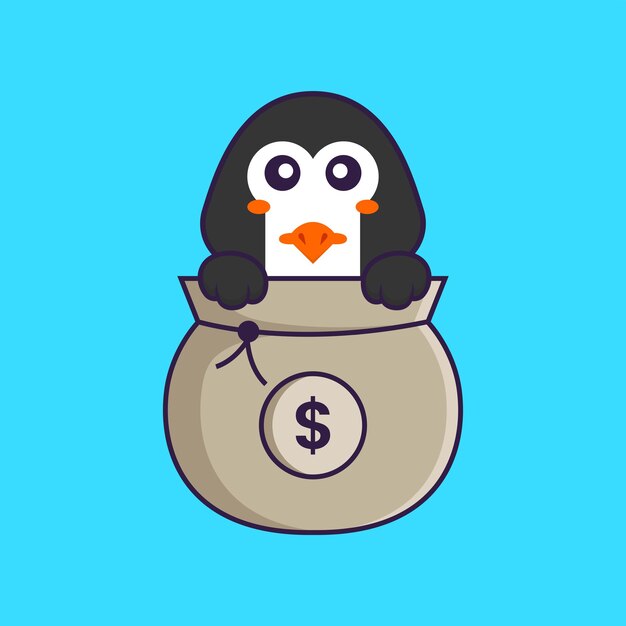 Lindo pingüino jugando en bolsa de dinero Concepto de dibujos animados de animales aislado