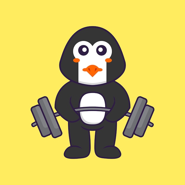 Lindo pingüino levanta el concepto de dibujos animados animales barbell aislado