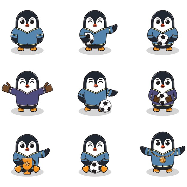 Lindo pingüino mascota jugando al fútbol