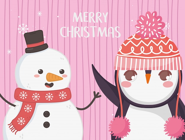 Lindo pingüino y muñeco de nieve con sombrero feliz navidad