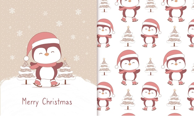 Lindo pingüino navidad doodle de patrones sin fisuras y tarjeta de navidad