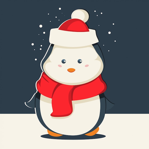 Lindo pingüino de navidad con sombrero de santa claus y una bufanda roja. personaje animal de dibujos animados de vector. ilustración de invierno