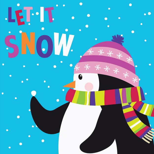 Lindo pingüino nevando con letra let it snow
