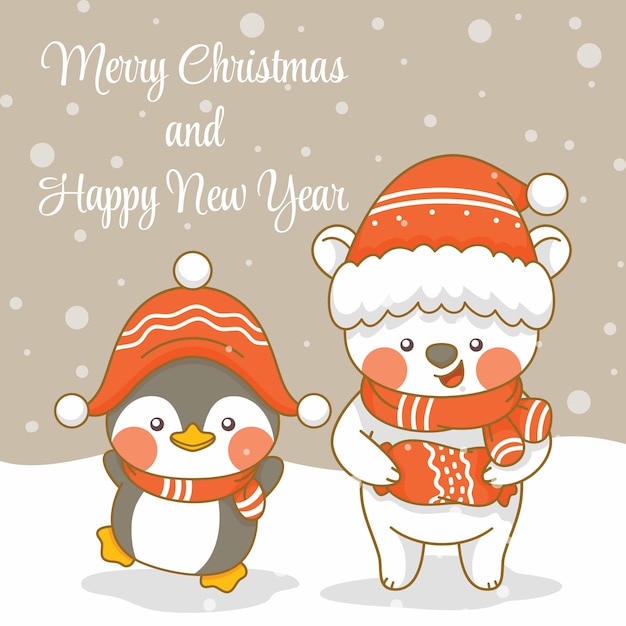 Vector lindo pingüino y oso polar con pancarta de felicitación de navidad y año nuevo