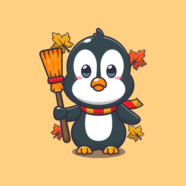 El lindo pingüino de otoño con la escoba.