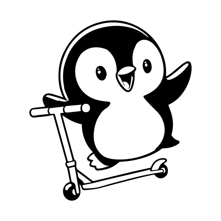 El lindo pingüino en un paseo en scooter