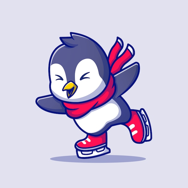 Lindo pingüino patinaje sobre hielo con bufanda de dibujos animados icono de ilustración. animal sport icon concept premium. estilo de dibujos animados