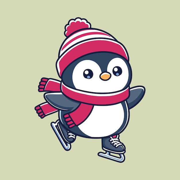 Lindo pingüino patinaje sobre hielo dibujos animados vector icono arte ilustración