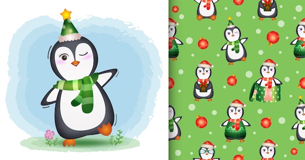 Un lindo pingüino personajes navideños con sombrero y bufanda.
