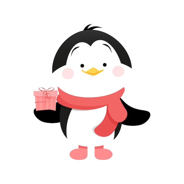 Lindo pingüino de pie y sosteniendo 1 regalo rosa