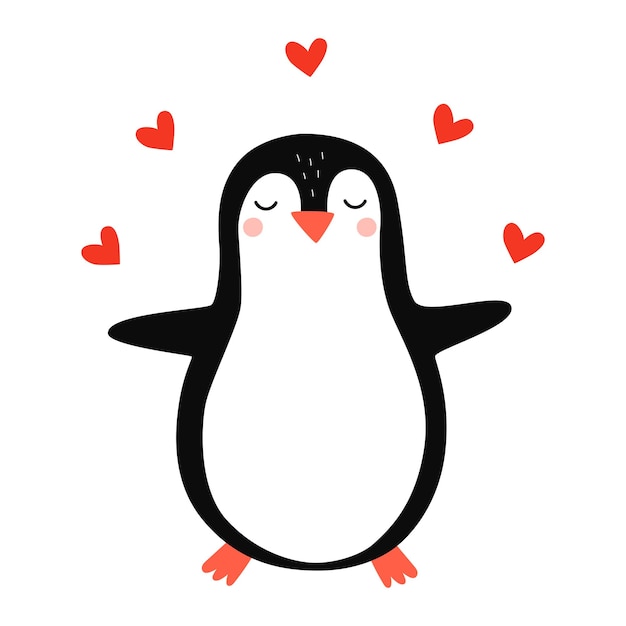 Lindo pingüino pingüino enamorado vector dibujado a mano ilustración para estampados románticos día de san valentín