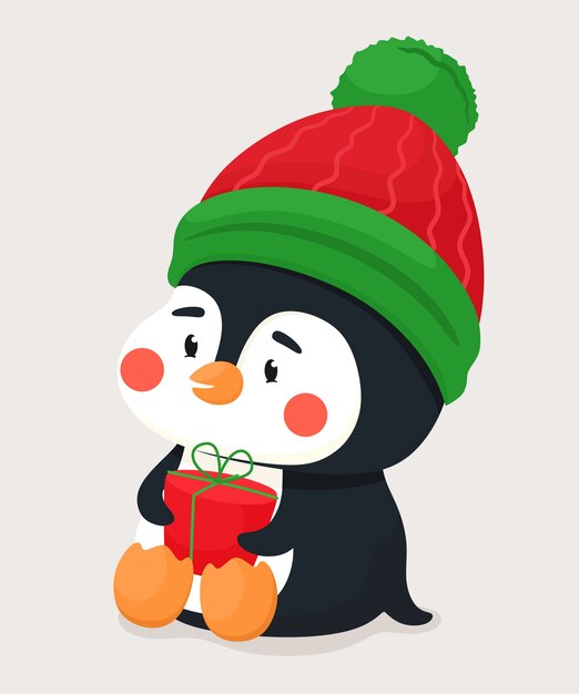 Lindo pingüino con un regalo y un gorro. Personaje de vector en estilo de dibujos animados plana.