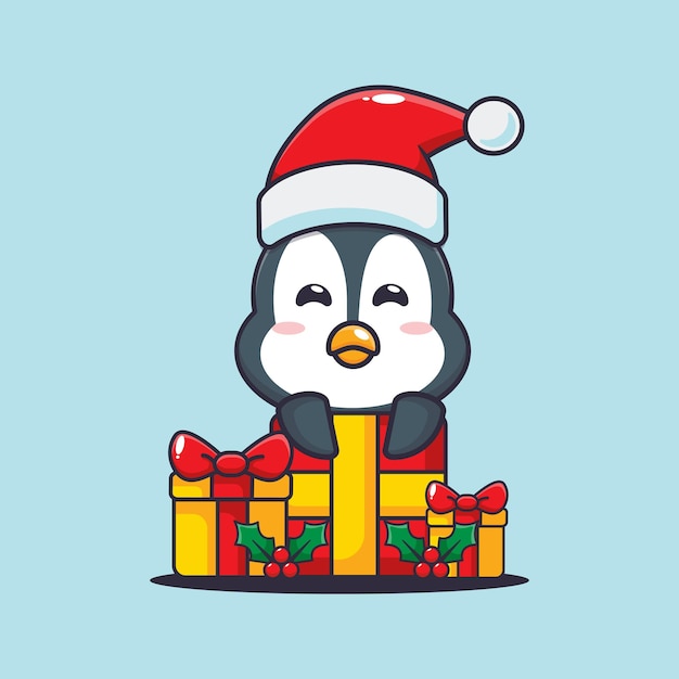 Lindo pingüino con regalo de navidad. Linda ilustración de dibujos animados de Navidad.