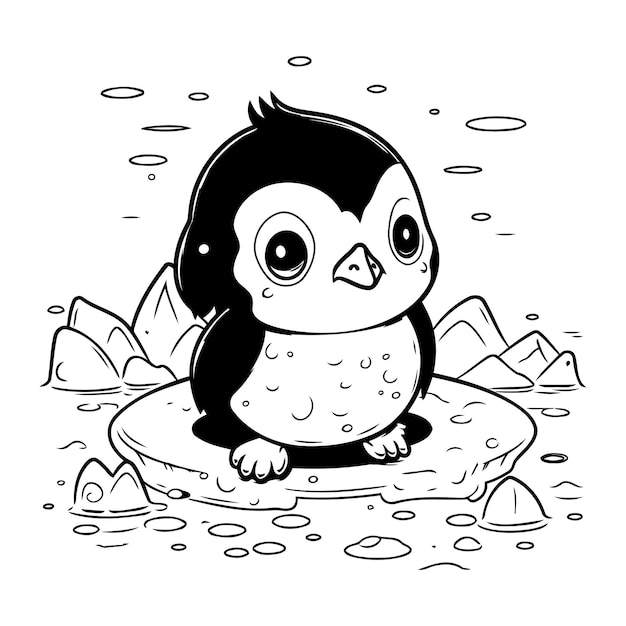 Vector lindo pingüino sentado sobre hielo ilustración de vector blanco y negro