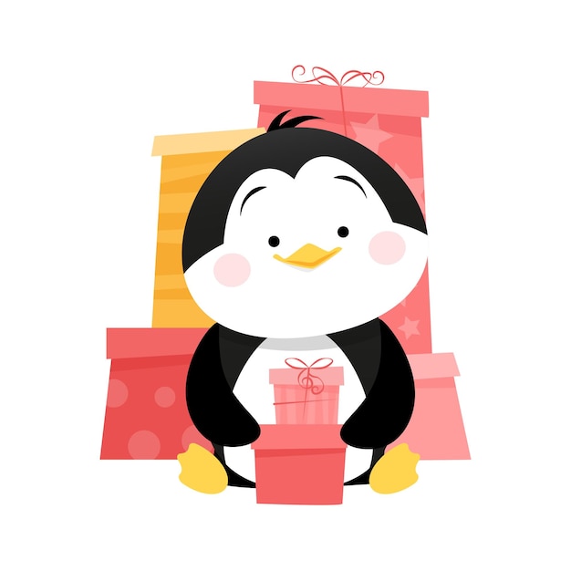 Lindo pingüino se sienta con regalos en sus manos y regalos detrás