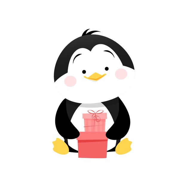 Lindo pingüino se sienta y sostiene 2 regalos rosas