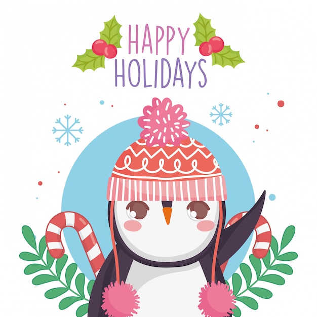 Lindo pingüino con sombrero cálido bastones de caramelo feliz navidad