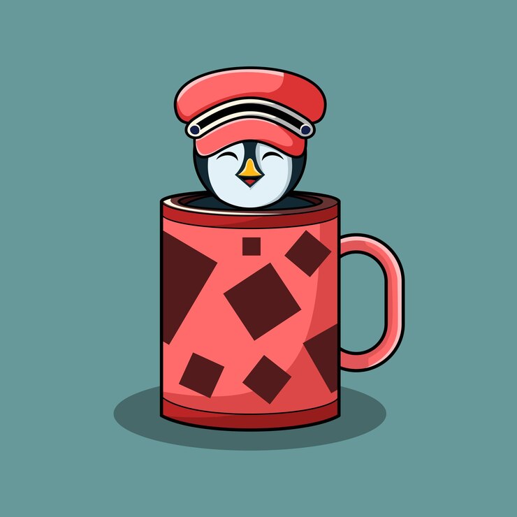 Vector lindo pingüino con sombrero en una linda taza