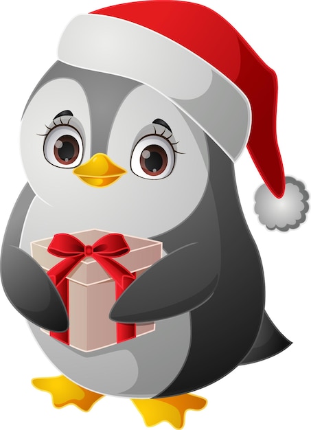 Lindo pingüino con sombrero de santa con caja de regalo