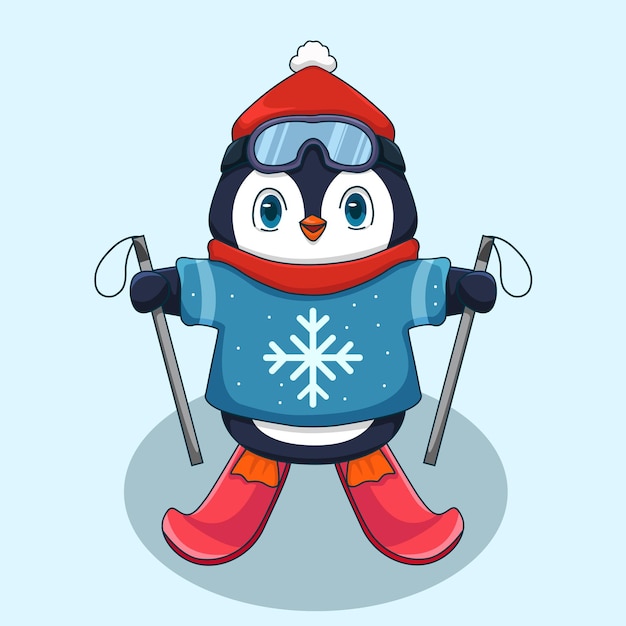 Lindo pingüino con suéter azul jugando a snowboard Ilustración