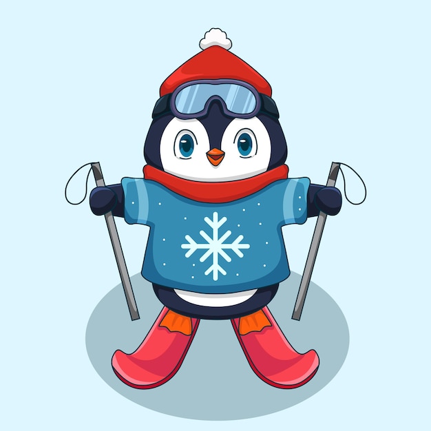 Vector lindo pingüino con suéter azul jugando a snowboard ilustración