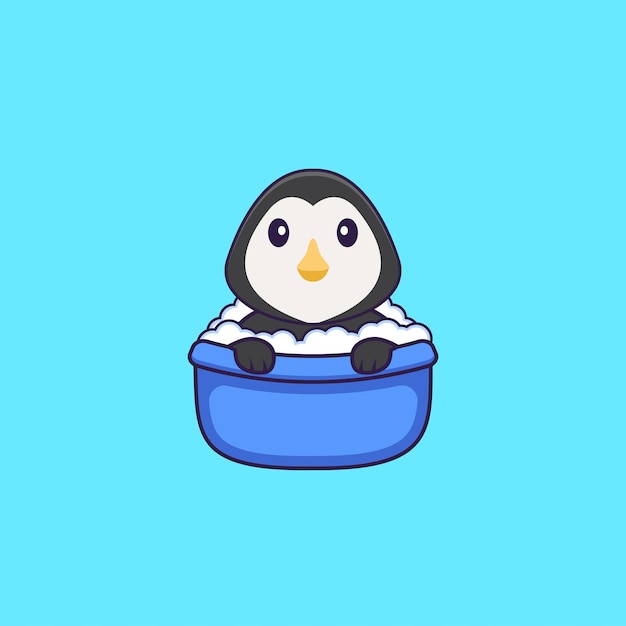 Lindo pingüino tomando un baño en la bañera. concepto de dibujos animados de animales aislado.