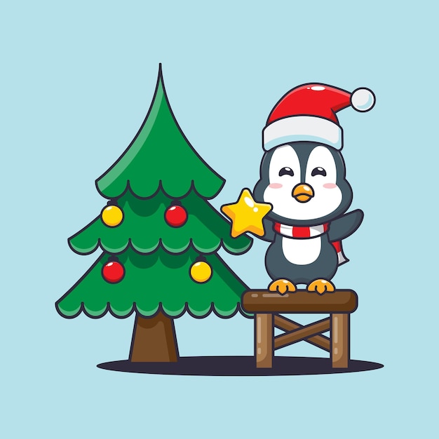 Lindo pingüino tomando estrella del árbol de navidad. Linda ilustración de dibujos animados de Navidad.