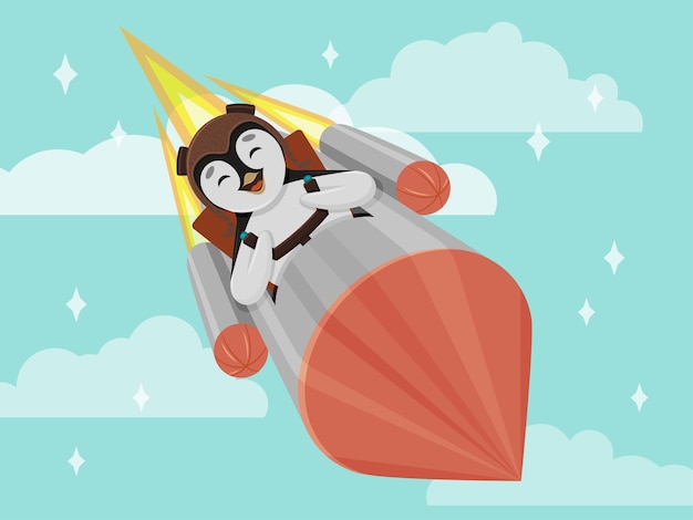 Lindo pingüino volando en un cohete.