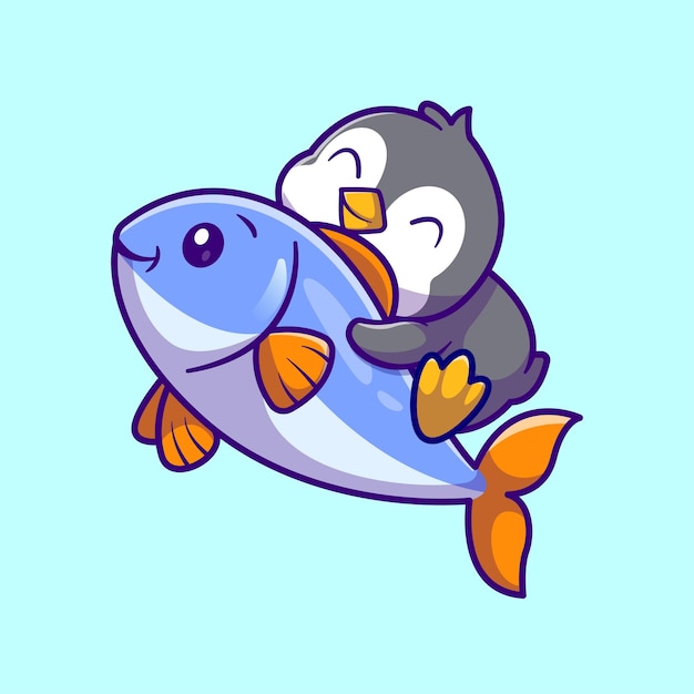 Vector lindo pingüino volando con peces dibujos animados vector icono ilustración animal naturaleza icono concepto aislado